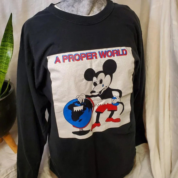 Proper World black Long Sleeve deranged Micky Shirt Men's size Large G8 - Picture 2 of 3